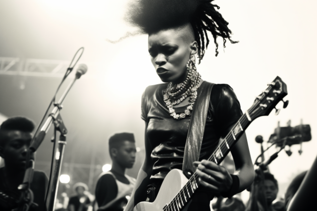 Eine junge Schwarze Frau spielt Gitarre in einer Afropunkband